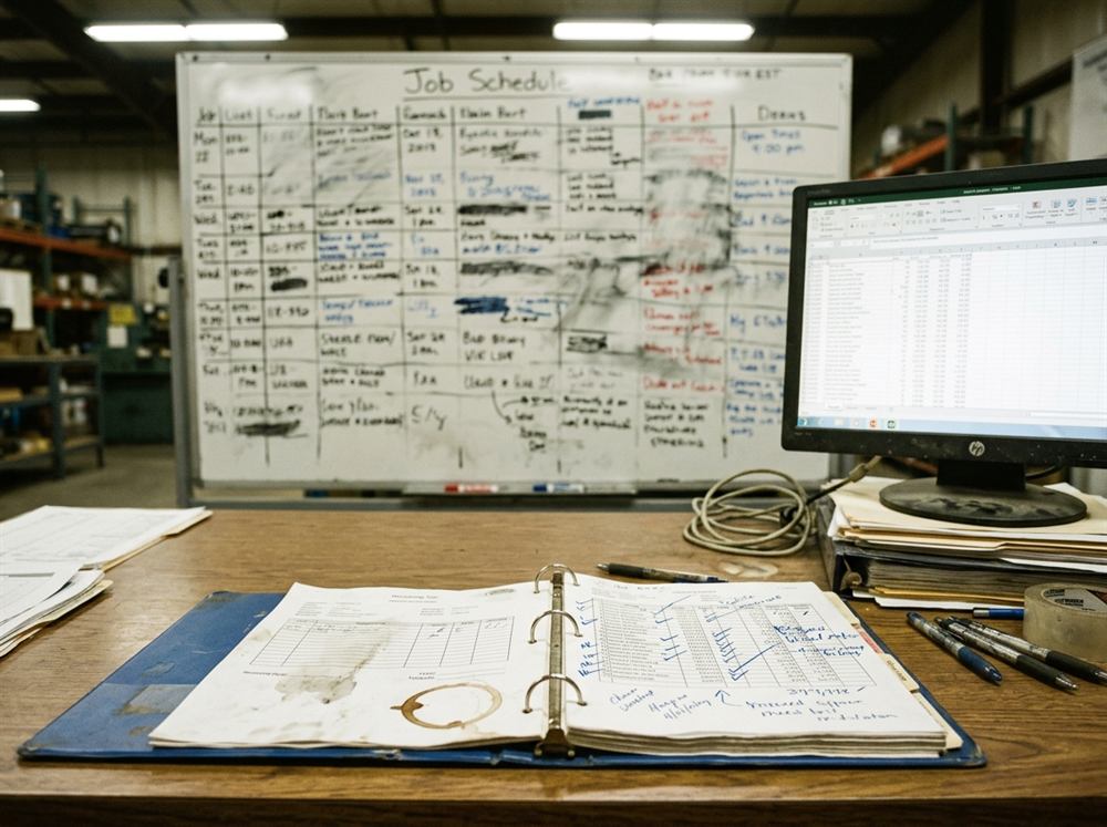 A shop floor desk. A whiteboard job schedule rubbed out and rewritten, an open binder of receiving slips, a marked up printed spreadsheet, and a monitor showing another spreadsheet.