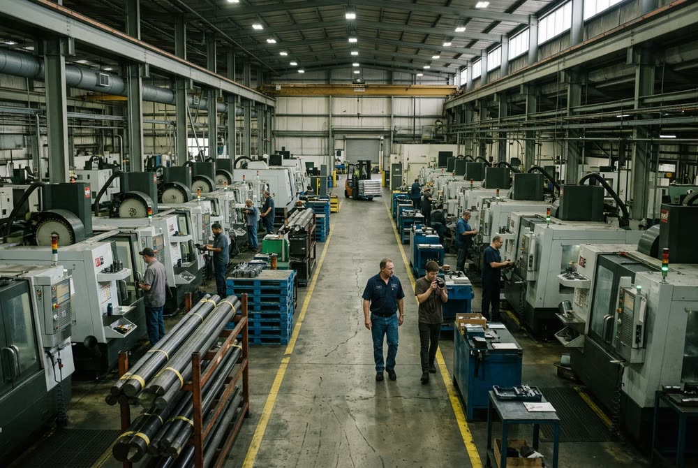 A wide aisle in a busy machine shop, two rows of CNC machines running and about ten people at work. Down the middle of the aisle a plant manager walks with a second man who is photographing a machine.