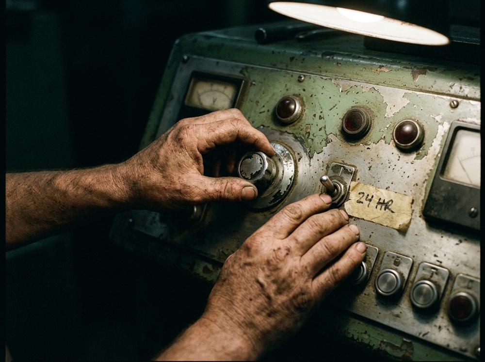 Two weathered hands adjusting the worn control panel of an older machine, a handwritten label taped beside one switch.
