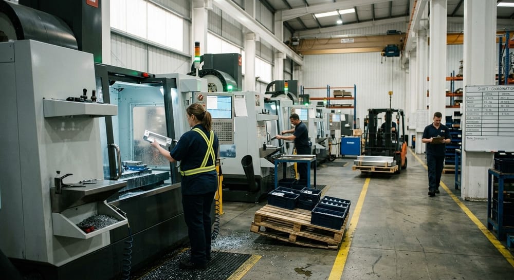 A busy modern CNC machining plant. A machinist in a hi-vis vest checks a freshly cut part at an open machine while a forklift crosses the aisle, a second operator loads the next machine, and a man with a clipboard walks past a shift board.