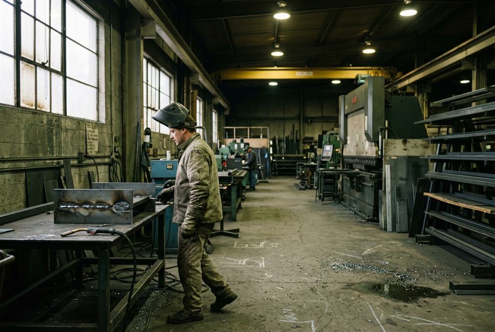 A welder at a steel bench in a working fabrication shop, daylight through high windows, a press brake and racked steel behind him.