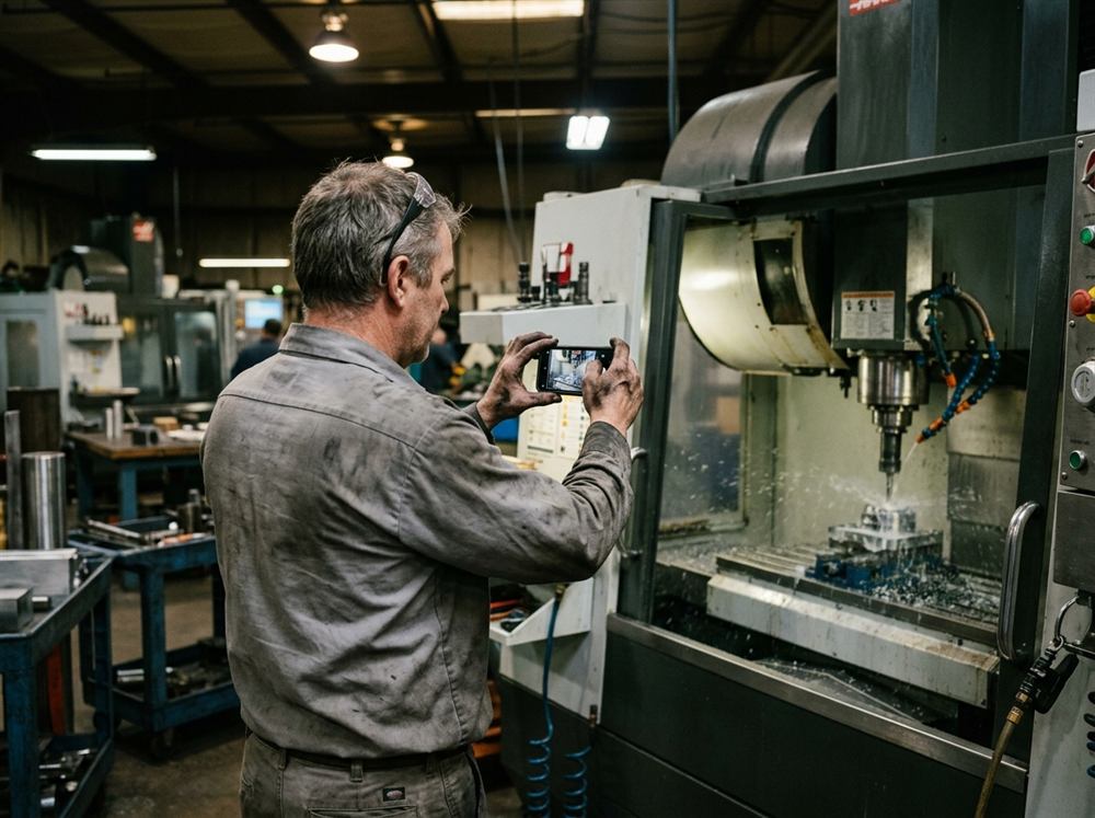 A machine operator filming a running CNC machine on his phone, seen from behind.
