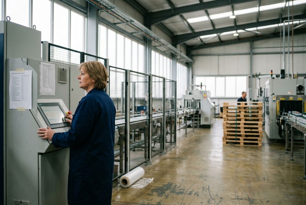 A woman at the control panel at the end of a packing line, one hand on the screen, a checklist taped beside it. The guarded line runs away behind her past stacked pallets to a second worker at the far end.