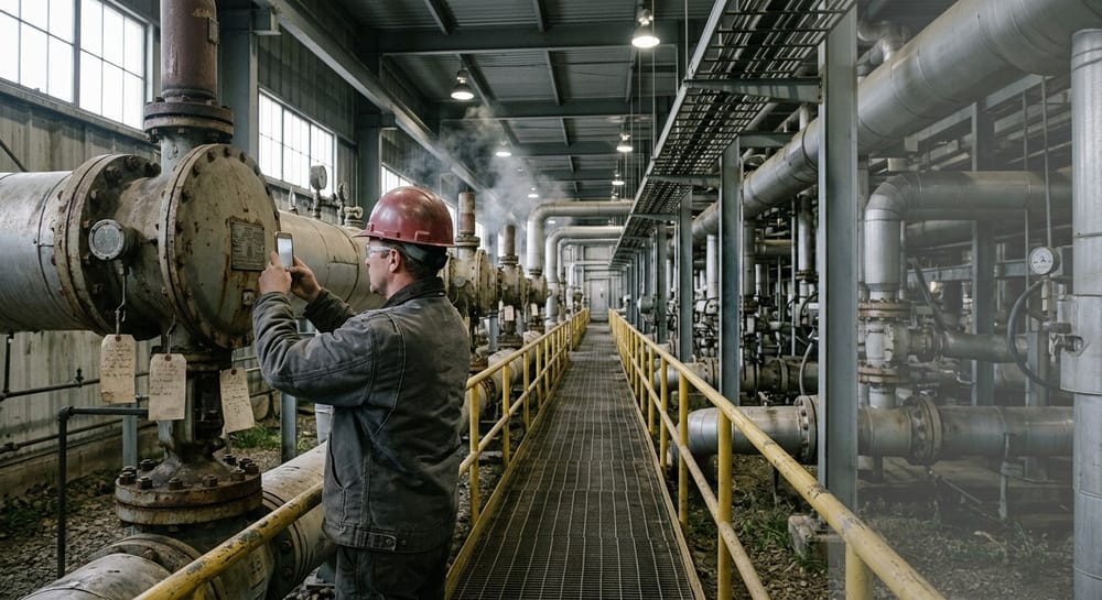 Inside a large gas plant, an engineer in a hard hat and work jacket stands on a steel walkway holding his phone up to the data plate of a big valve. Dense piping, gauges and paper tags run off behind him into haze.