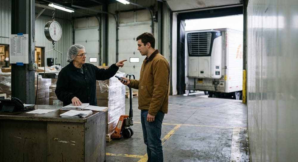 At the shipping dock of a food plant, an older woman in a hair net explains something to a younger man, who holds his phone out to record what she says. A trailer is backed into the open dock door behind them.