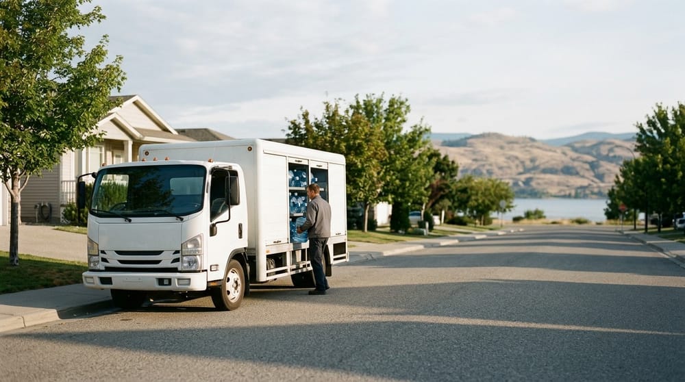 A white delivery truck parked on a quiet Kelowna street in the morning, the side door open and blue water jugs racked inside. The driver stands at the door. Dry hills and the lake behind.