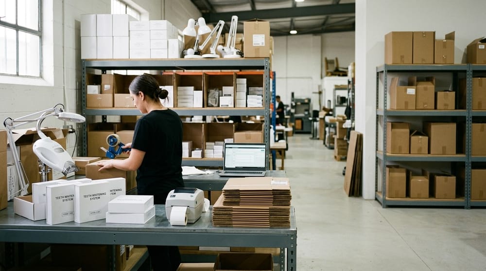 A woman in a black t-shirt packs a shipping box at a steel bench in a small bright warehouse. Teeth whitening kits and a whitening lamp sit on the bench, and steel shelves of boxed product run behind her.