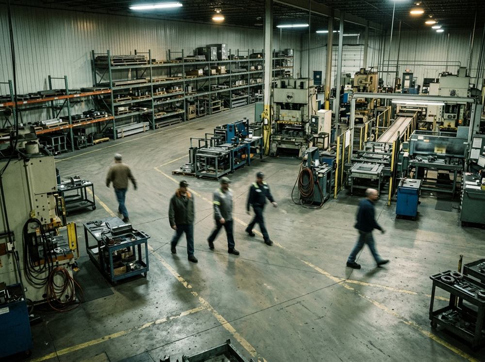 A plant floor at shift change seen from a mezzanine, people walking between machines, motion blurred.